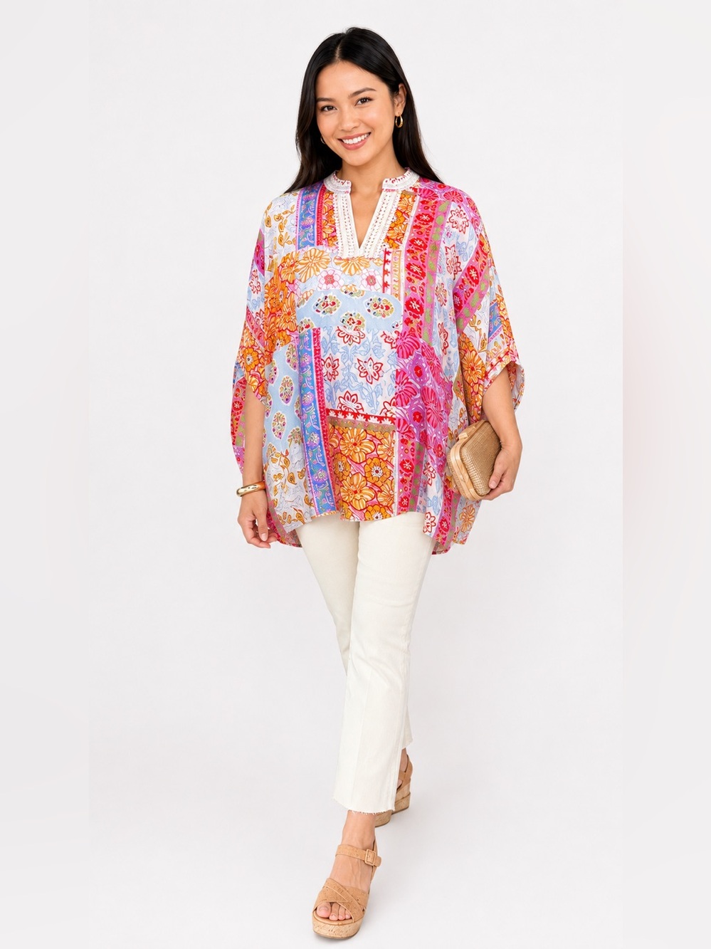 Gigio Floral Patchwork Crochet Trim Poncho Blouse Multicolor Women Size L
